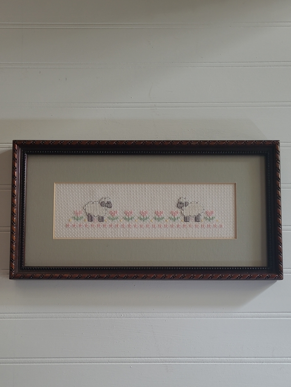 Handmade Counted Crossstitch Sheep & Heart Flowers Wood Frame With Designs